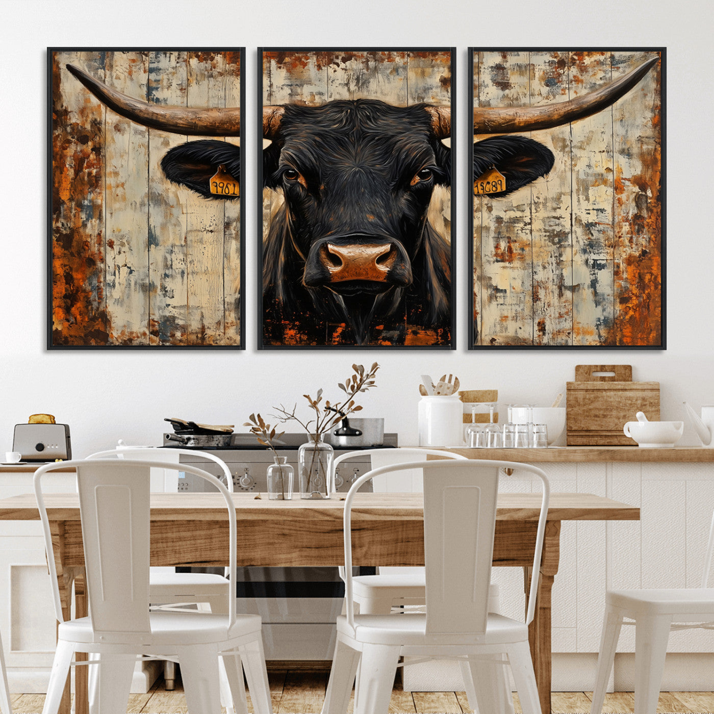 MGV-FC-60X30-3P - Rustic Texas Artwork Wall Art Canvas Print - Abstract Cow Longhorn Bull Wall Art Canvas Print