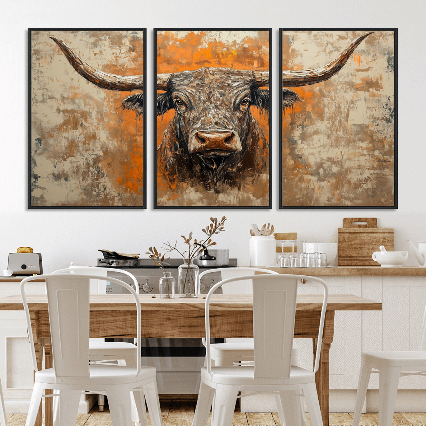 MGV-FC-60X30-3P - Abstract Cow Longhorn Bull Wall Art Canvas Print - Rustic Texas Western Cattle Artwork
