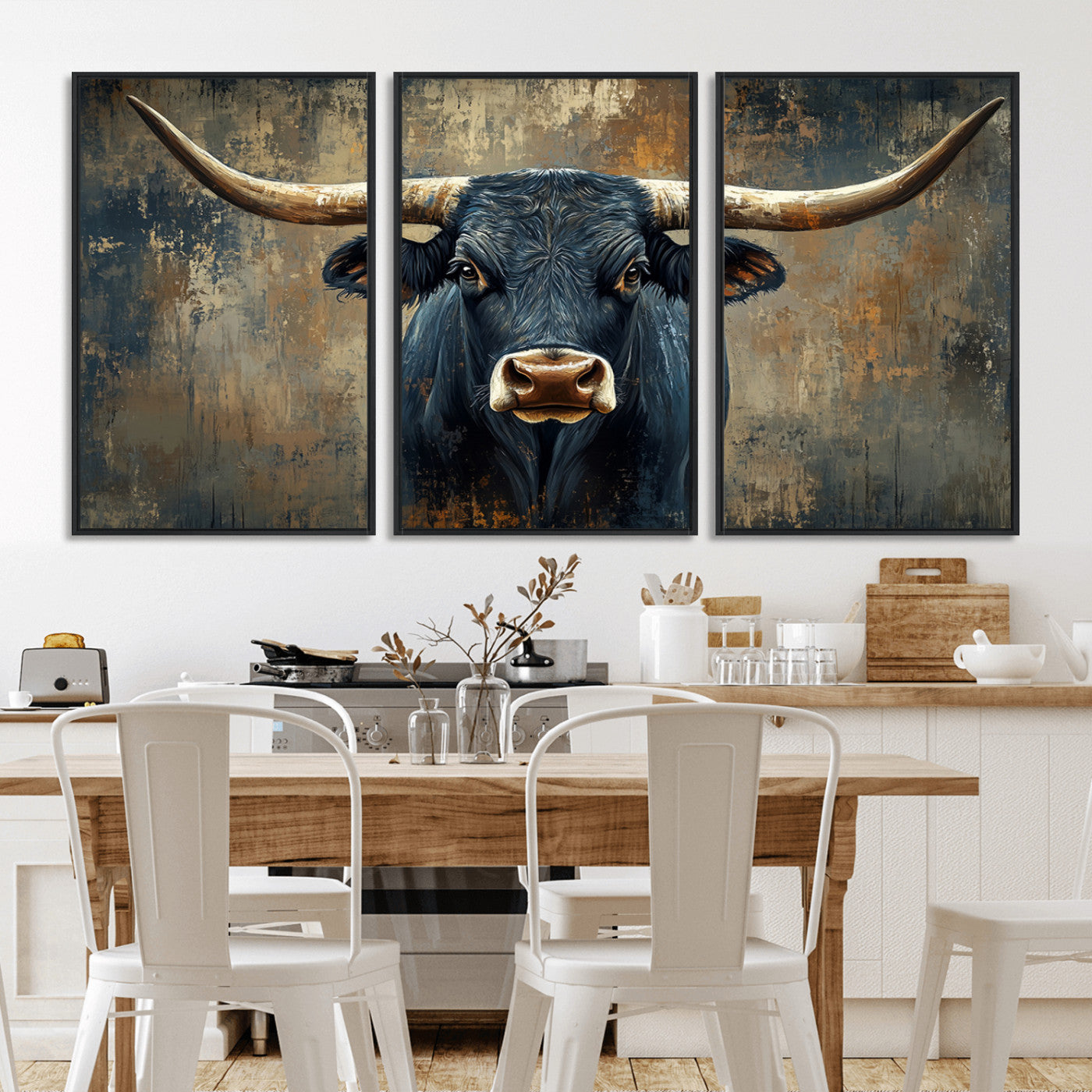 MGV-FC-60X30-3P - Texas Western Wall Art Canvas Print - Abstract Cow Longhorn Bull Wall Art Canvas Print - Rustic Cow