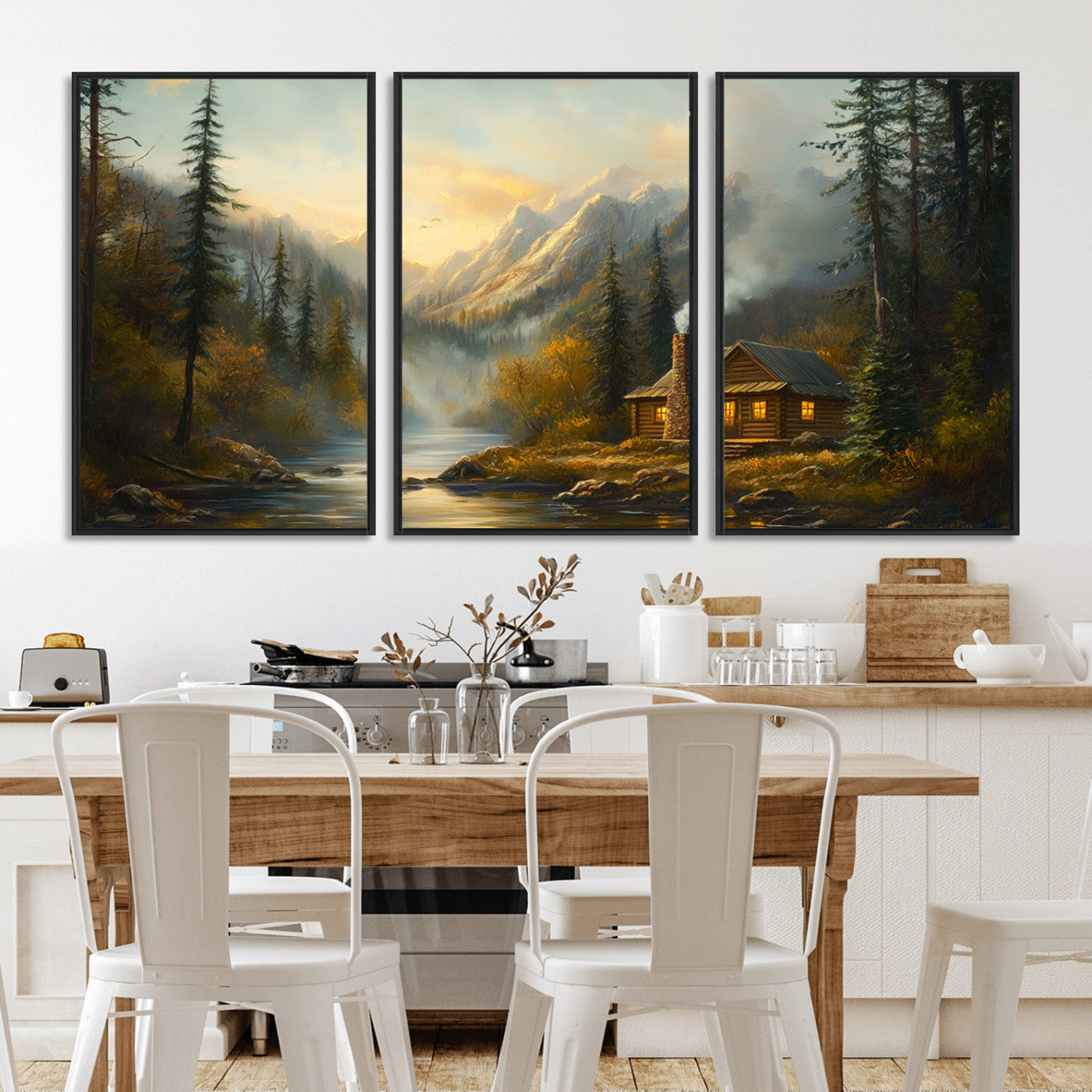 MGV-FC-60X30-3P - Wood Cabin Retreat Mountain at Sunset Wall Art Print - Serene Forest and River Landscape Wall Art