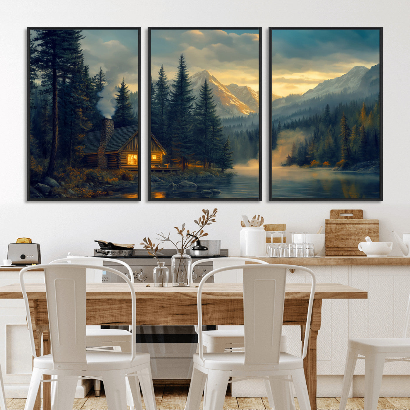 MGV-FC-60X30-3P - Mountain Cabin by the Lake at Sunset Wall Art - Serene Nature Canvas Print for Living Room Decor,
