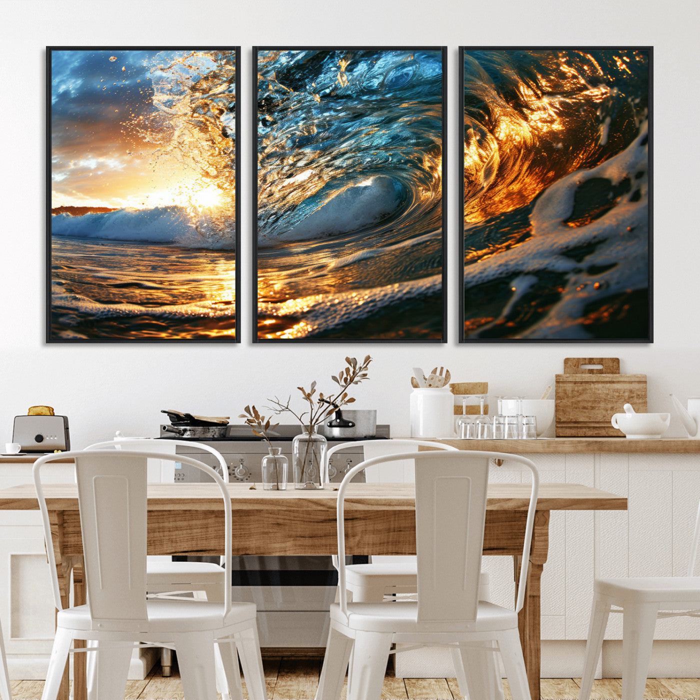 MGV-FC-60X30-3P - Ocean Wave at Sunset Canvas Wall Art – Vibrant Coastal Beach Waves Print, Large Nautical Decor,