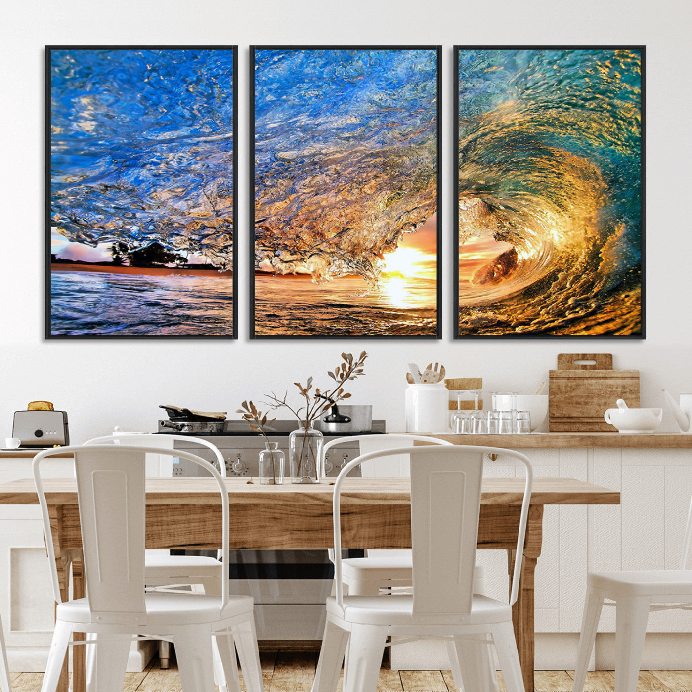 MGV-FC-60X30-3P - Ocean Wave at Sunset Canvas Wall Art – Vibrant Coastal Beach Waves Print, Large Nautical Decor,