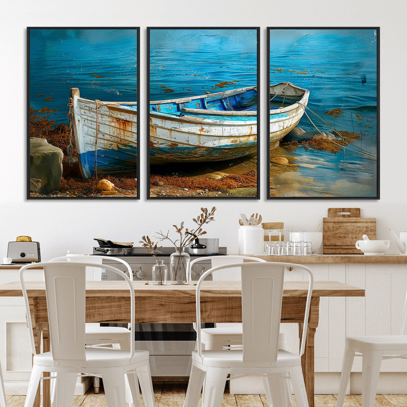 MGV-FC-60X30-3P - Vintage Boat on Tranquil Waters | Coastal Wall Art for Nautical Decor | Rustic Triptych Canvas Print