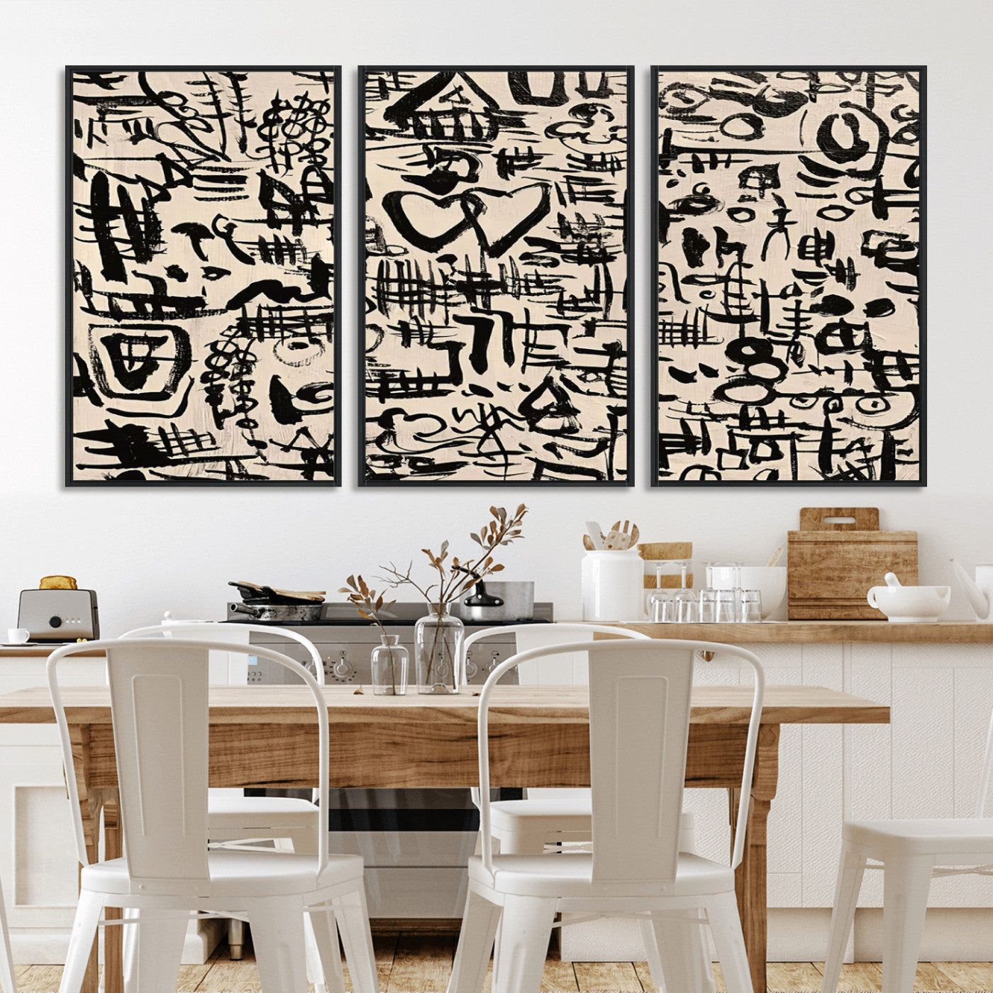 68273-MGV-FC-60X30-3P - Abstract Love and Chaos Canvas Print, Black Symbols on Beige