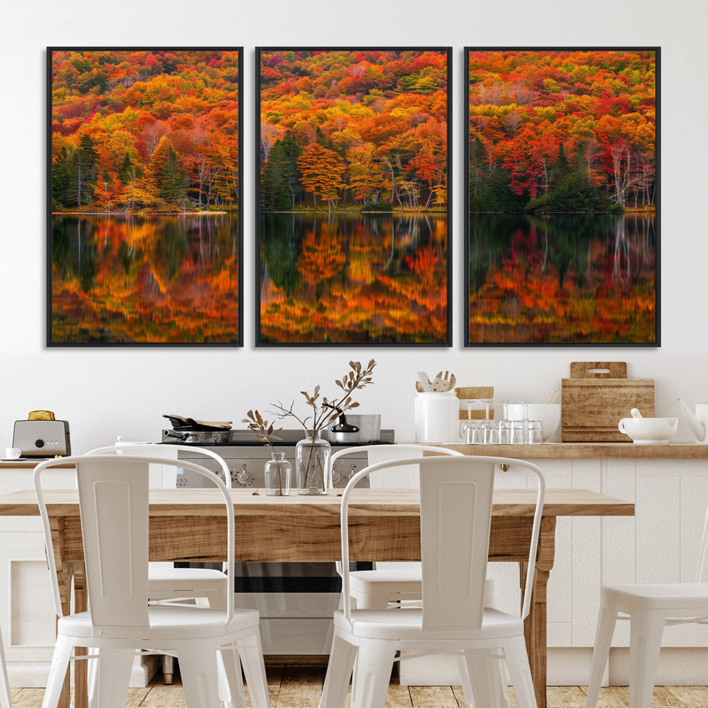 MGV-FC-60X30-3P - Fall Foliage Wall Art - Autumn Reflection Canvas Print, Stunning Fall Foliage Wall Art, Serene Lake