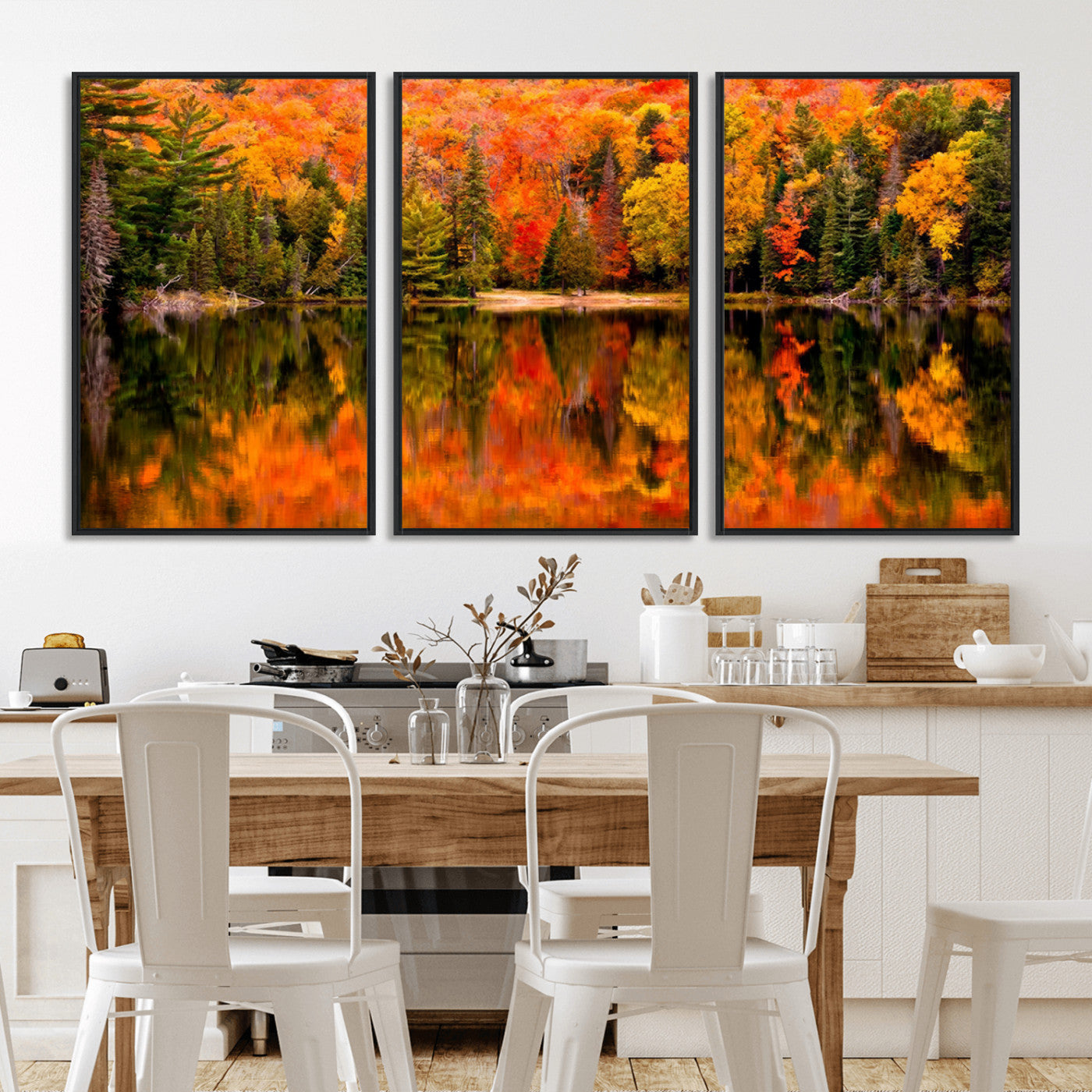 MGV-FC-60X30-3P - Forest Reflection Art | Autumn Forest Reflection Wall Art | Triptych Canvas Print | Vibrant Fall