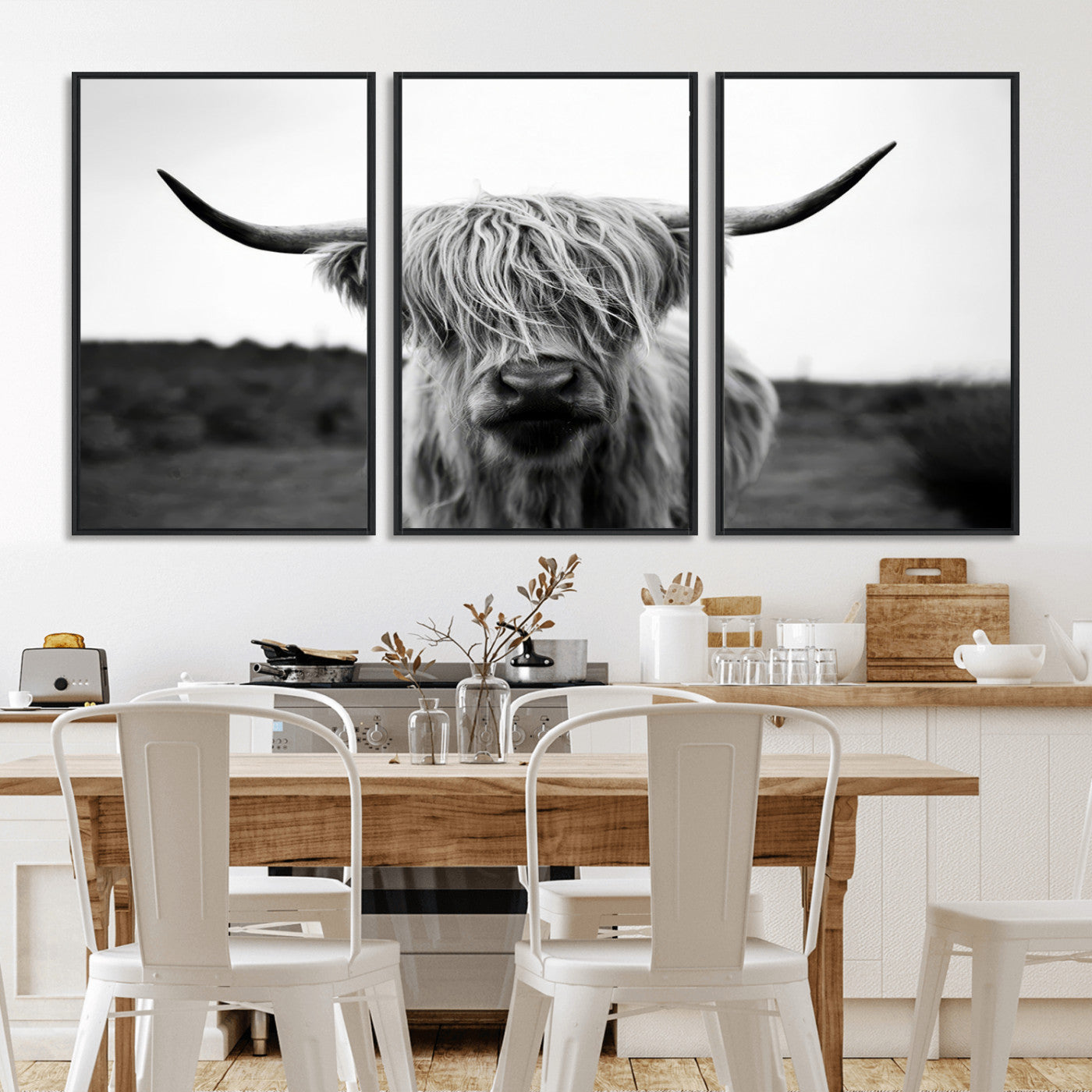 MGV-FC-60X30-3P - Highland Cow Wall Art | Black and White Farmhouse Decor | Triptych Canvas Print | Rustic Barn Decor