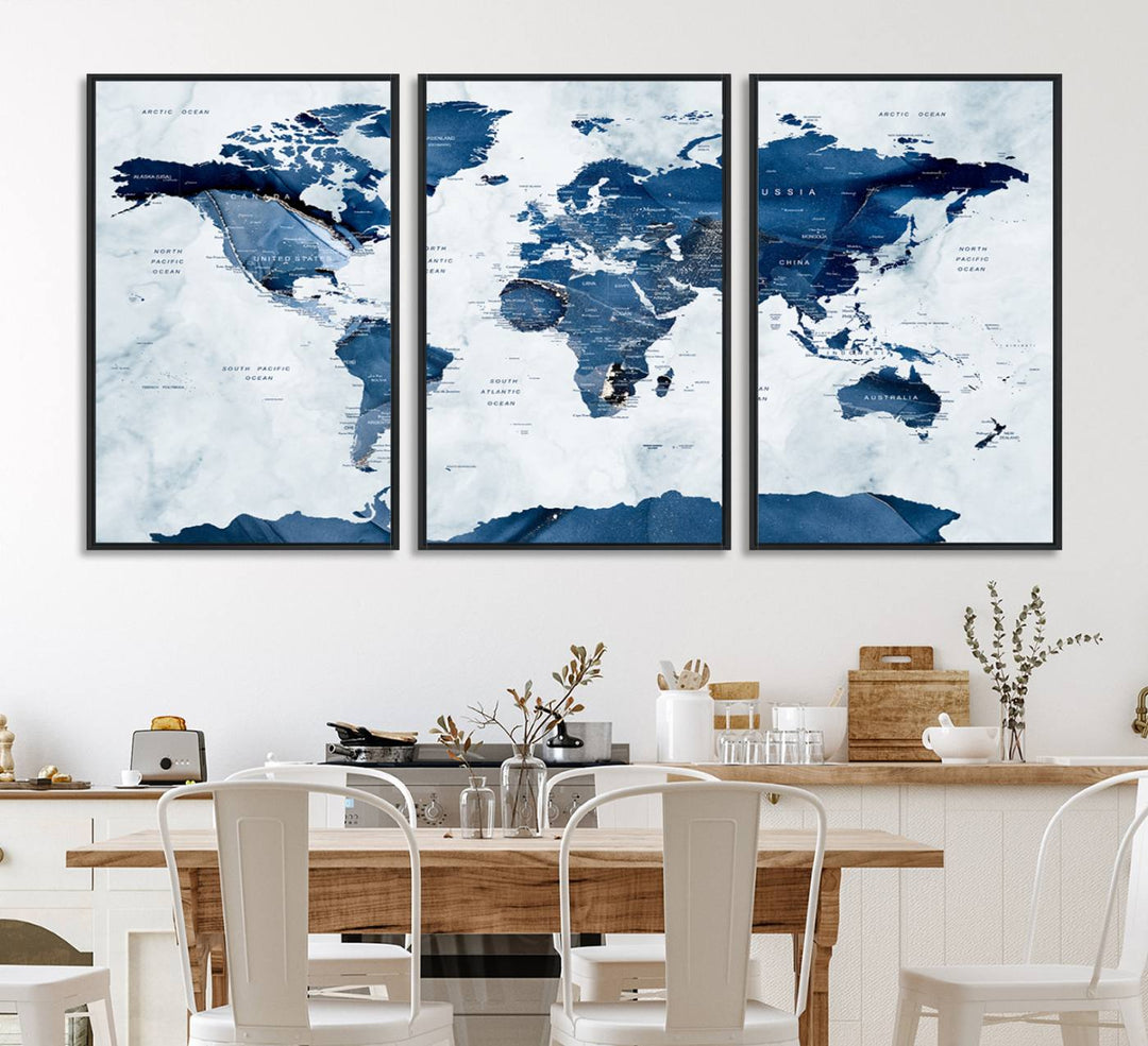 Navy Blue World Map with Antarctica Canvas: A perfect abstract home decor piece featuring a grunge-stained background.