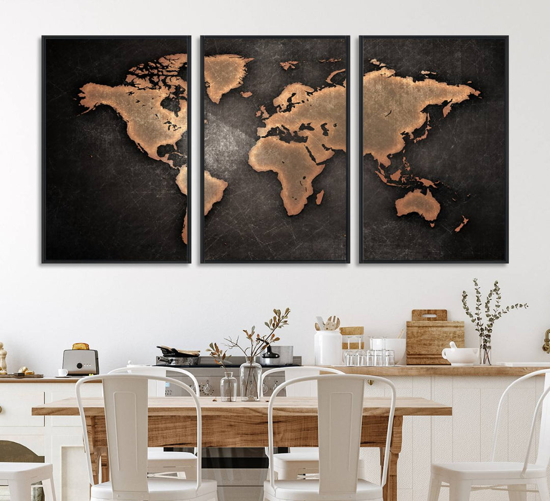 Maroon World Map Wall Art: Copper continents on a grunge-stained canvas, ideal for enhancing your decor.