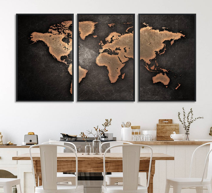 Maroon World Map Wall Art: Copper continents on a grunge-stained canvas, ideal for enhancing your decor.