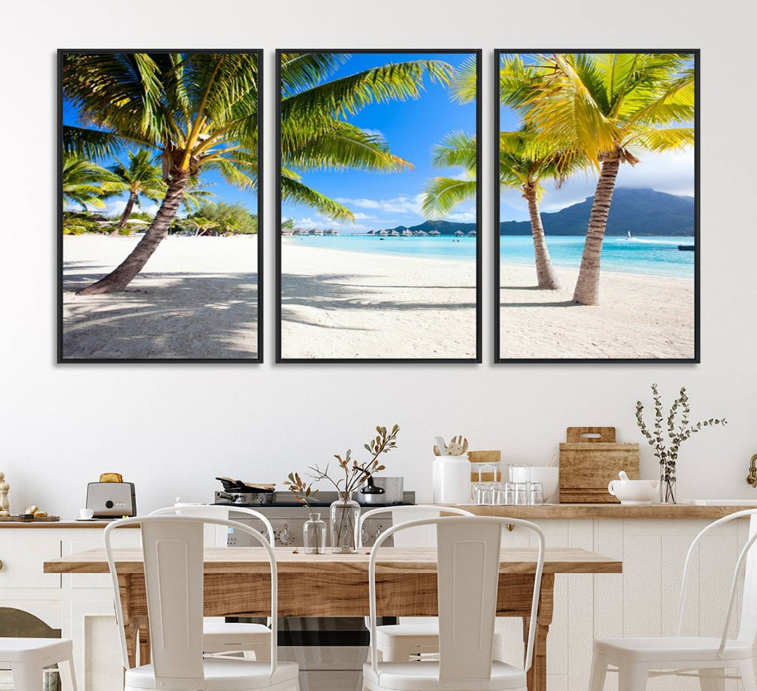 Blue Beach and Sea Wall Art Canvas Print: showcases a tropical scene with palm trees, white sand, and turquoise water.