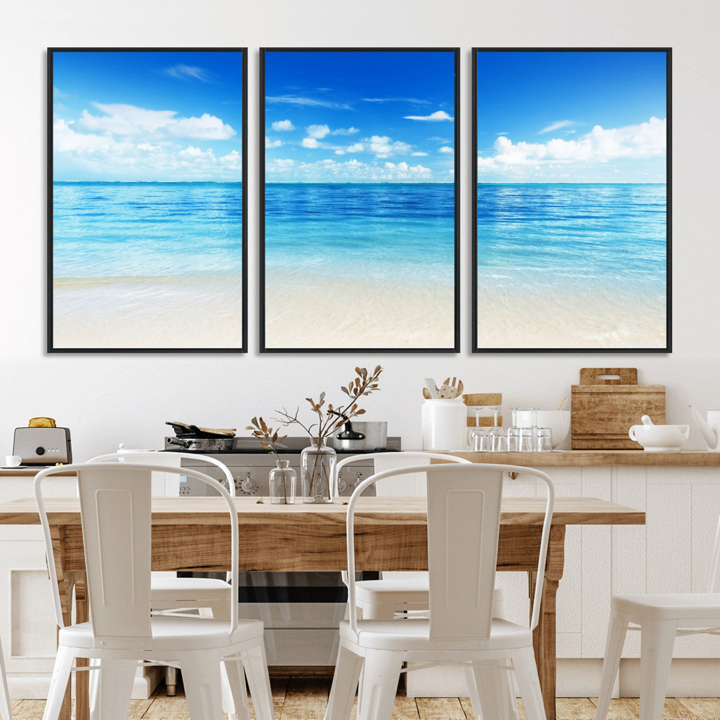 MGV-FC-60X30-3P - Beach Scene Canvas Wall Art Print – Tranquil Ocean Horizon and White Sand Beach Wall Decor for Home