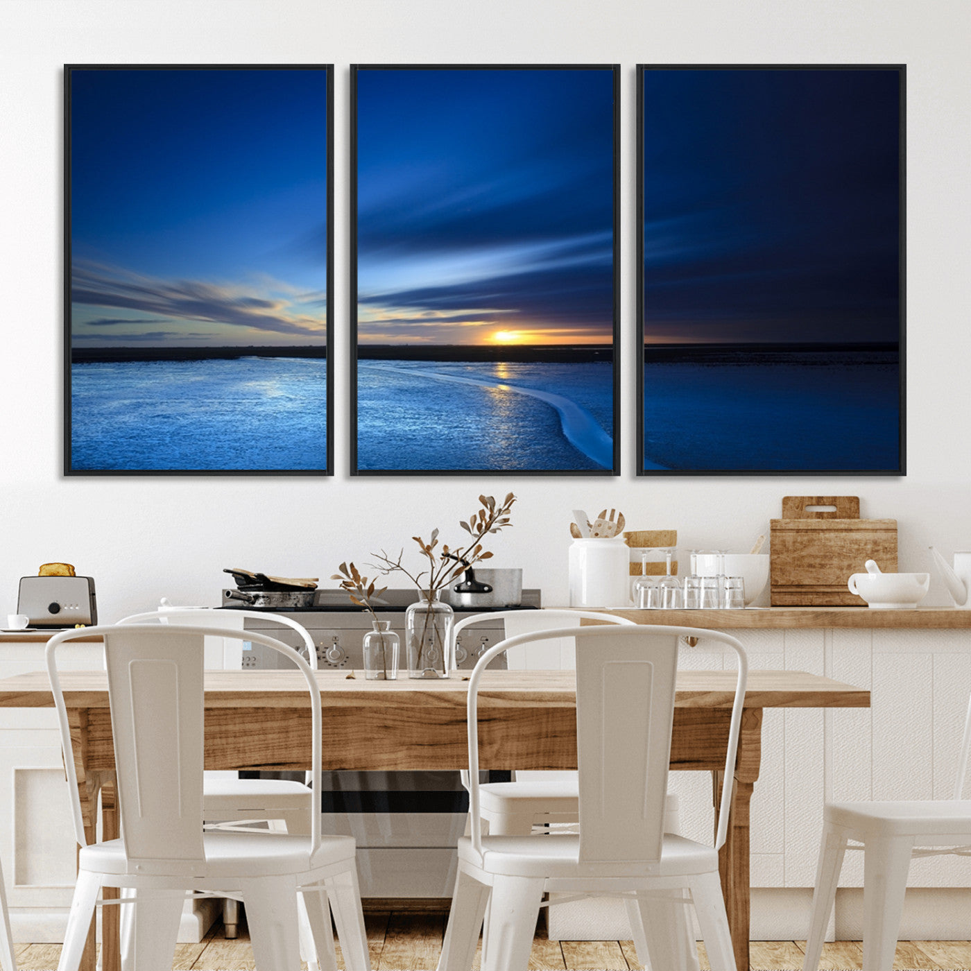 MGV-FC-60X30-3P - Blue Sunset Ocean Canvas Wall Art Print – Serene Coastal Horizon Wall Decor for Home or Office –