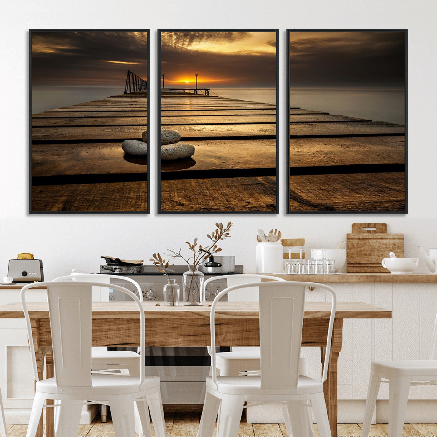 MGV-FC-60X30-3P - Stones on Wooden Pier at Sunset Canvas Print, Serene Coastal Wall Art, Beach Sunset Photography,