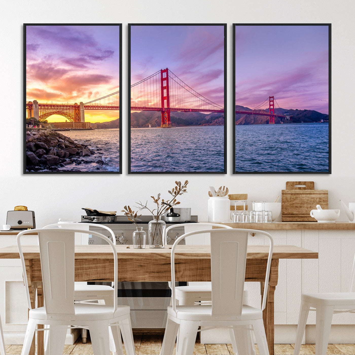 MGV-FC-60X30-3P - Golden Gate Bridge Wall Art Print, San Francisco Sunset Canvas Wall Art, Cityscape Canvas Print for