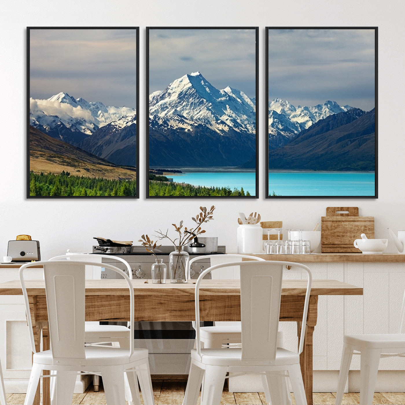 MGV-FC-60X30-3P - Mount Cook and Lake Pukaki Canvas Wall Art Print – Majestic Snow-Capped Peaks and Serene Lake Wall