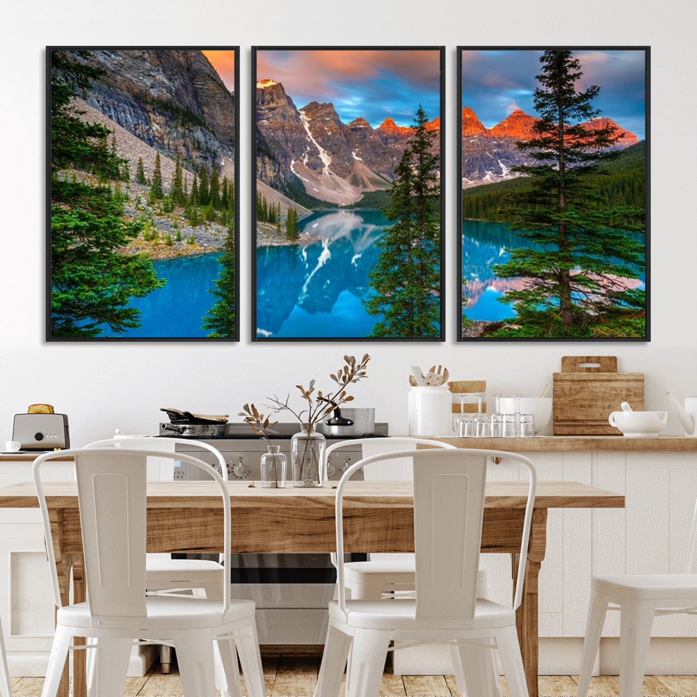 MGV-FC-60X30-3P - Canadian Rockies Moraine Lake Wall Art Canvas Print, Pine Trees Mountain Spring Canvas Print