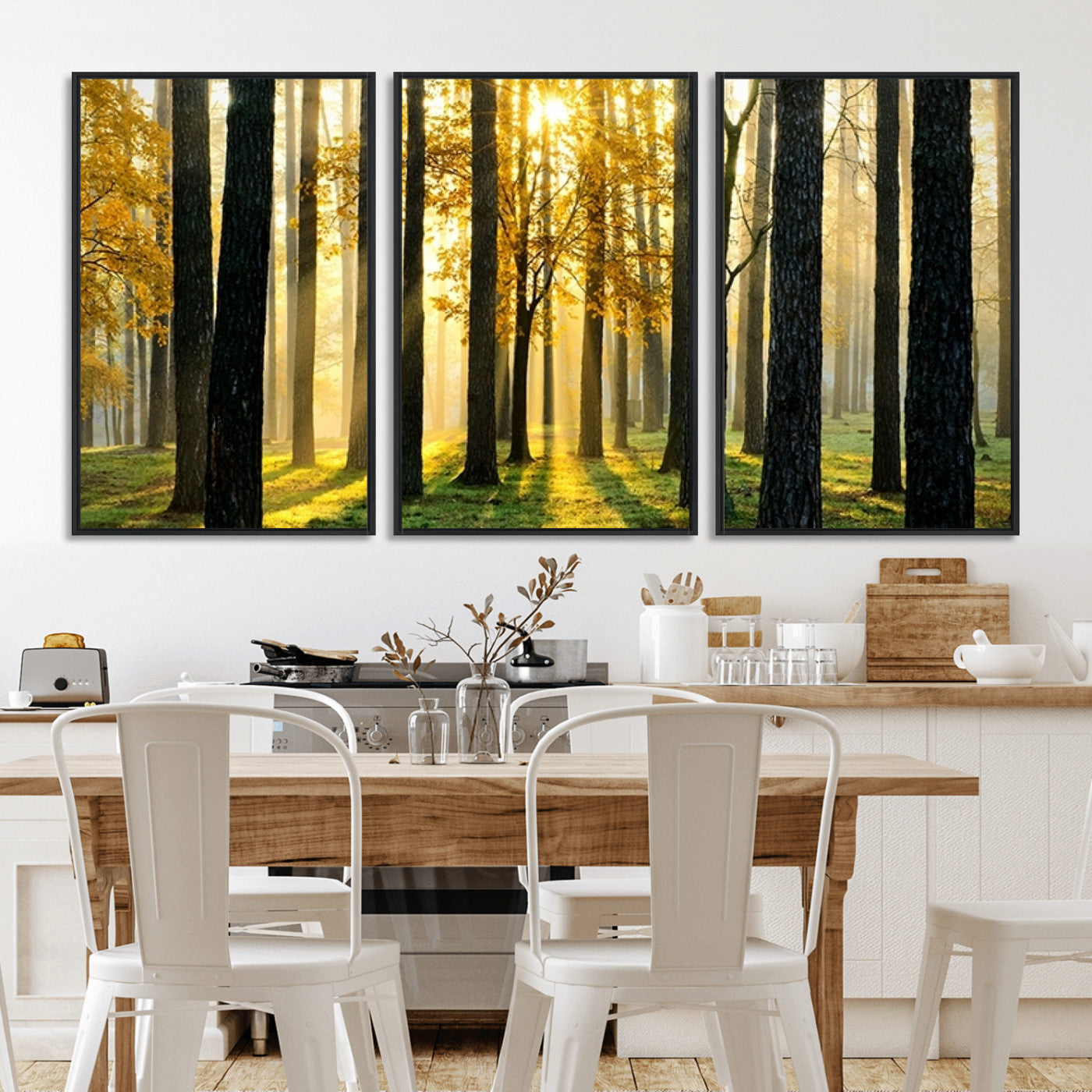 60024-MGV-FC-60X30-3P_Black-Sunlit Forest Wall Art Canvas Print - Large Framed Woodland Wall Art for Home or Office Decor, Rustic Nature Scene with Golden Light