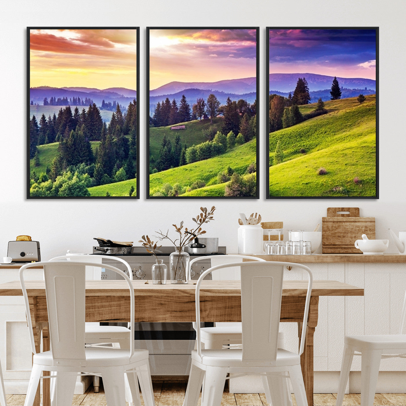 MGV-FC-60X30-3P - Green Hills and Sunset Wall Art Print - Scenic Landscape with Lush Greenery and Vibrant Sky, Ready