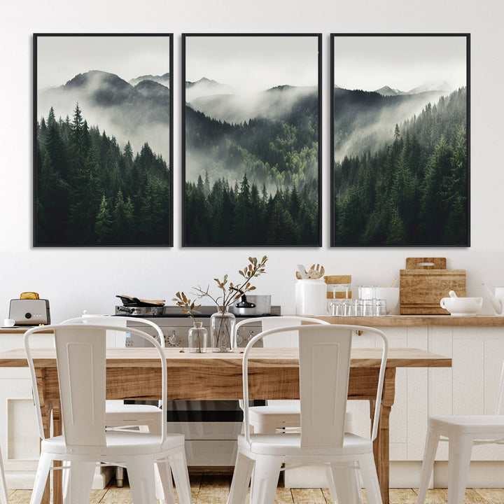 Serene and mystical landscape of misty mountains and dense evergreens, ideal for a Misty Mountain Forest Canvas Wall Art Print.