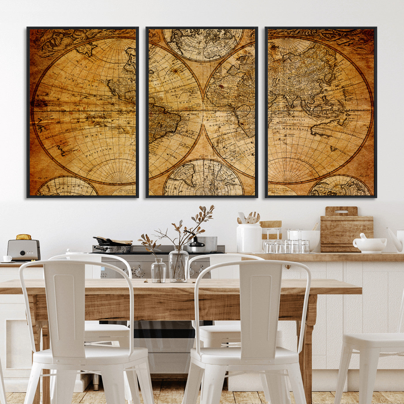 25517-MGV-FC-60X30-3P - Vintage World Map Canvas Print – Antique Push Pin Travel Map, Framed Wall Art for Home or Office Decor