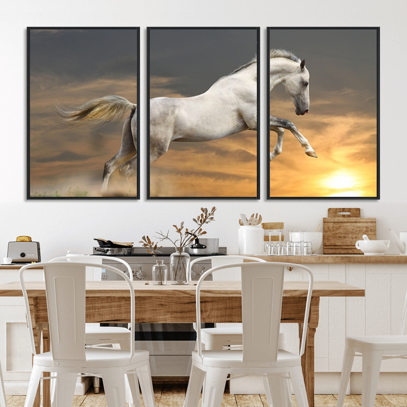 MGV-FC-60X30-3P - Large Wall Art Animal Canvas Print - White Jumping Horse at Sunset