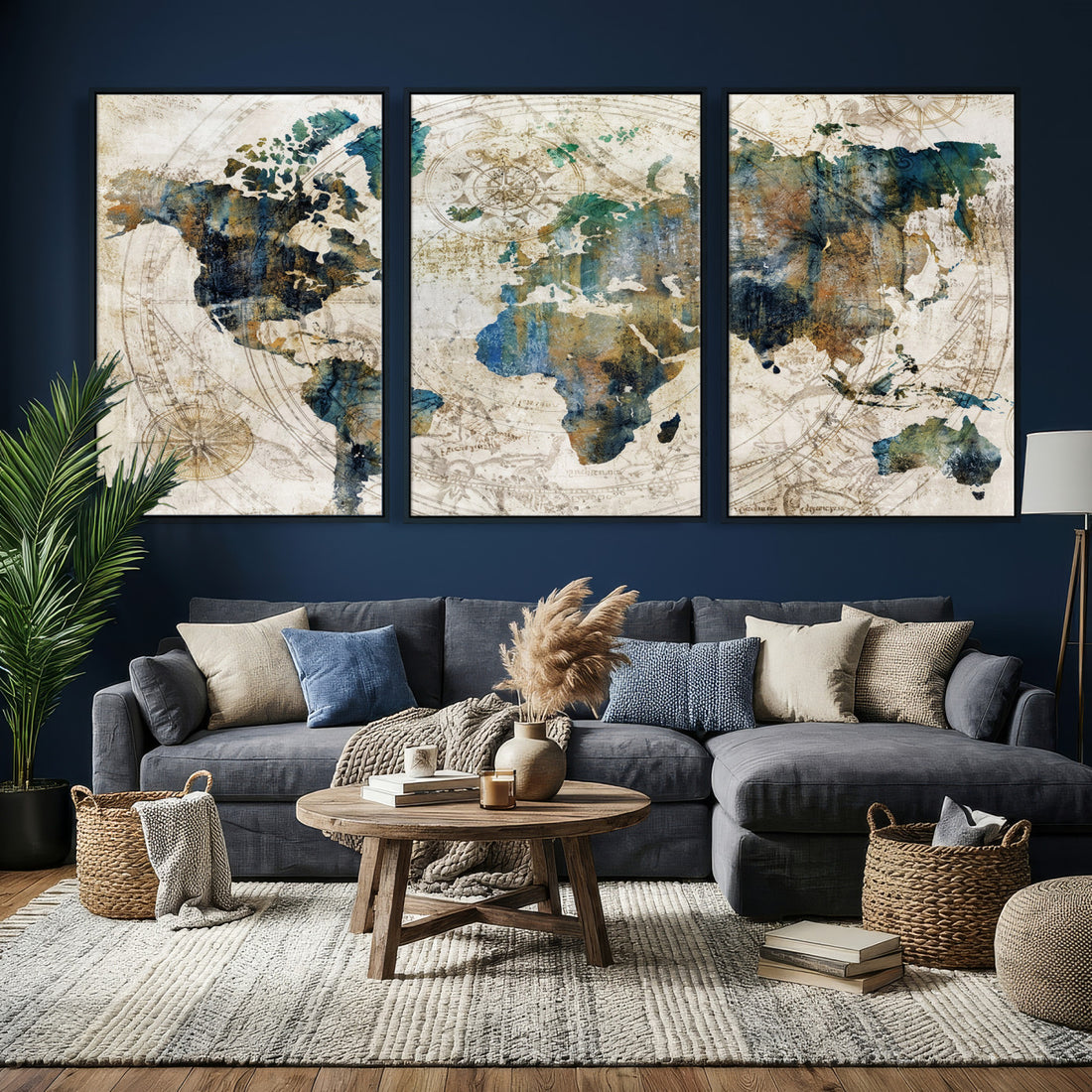 Framed Vintage World Map Wall Art, Abstract Map Canvas Print