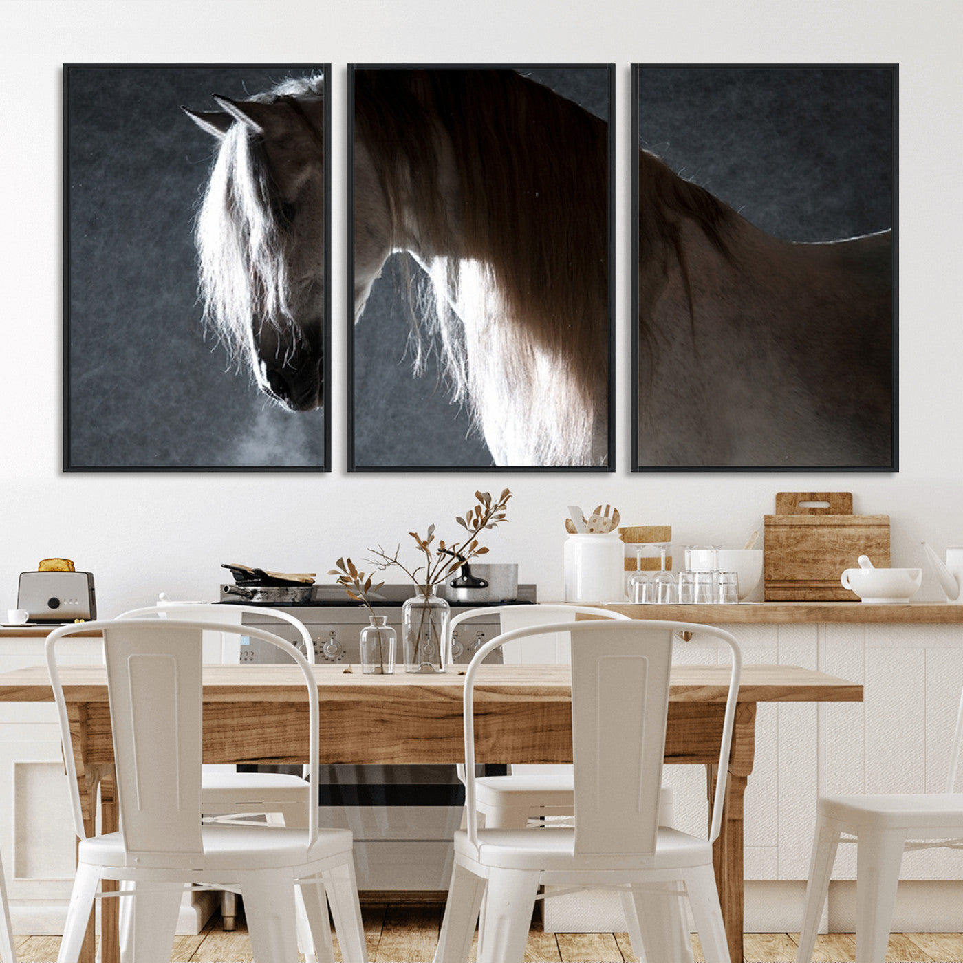 MGV-FC-60X30-3P - Large Wall Art Cream Colored Horse on Grey Background Canvas Print