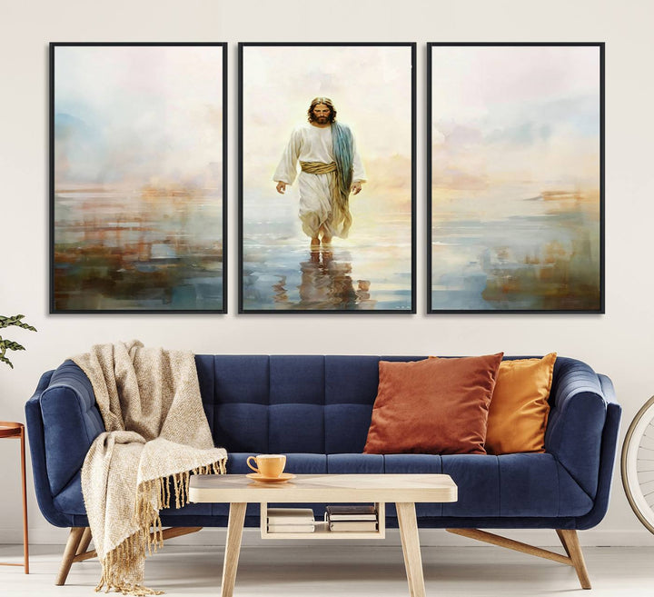 The 3-panel Framed Jesus Walking on Water Wall Art showcases a serene religious scene.