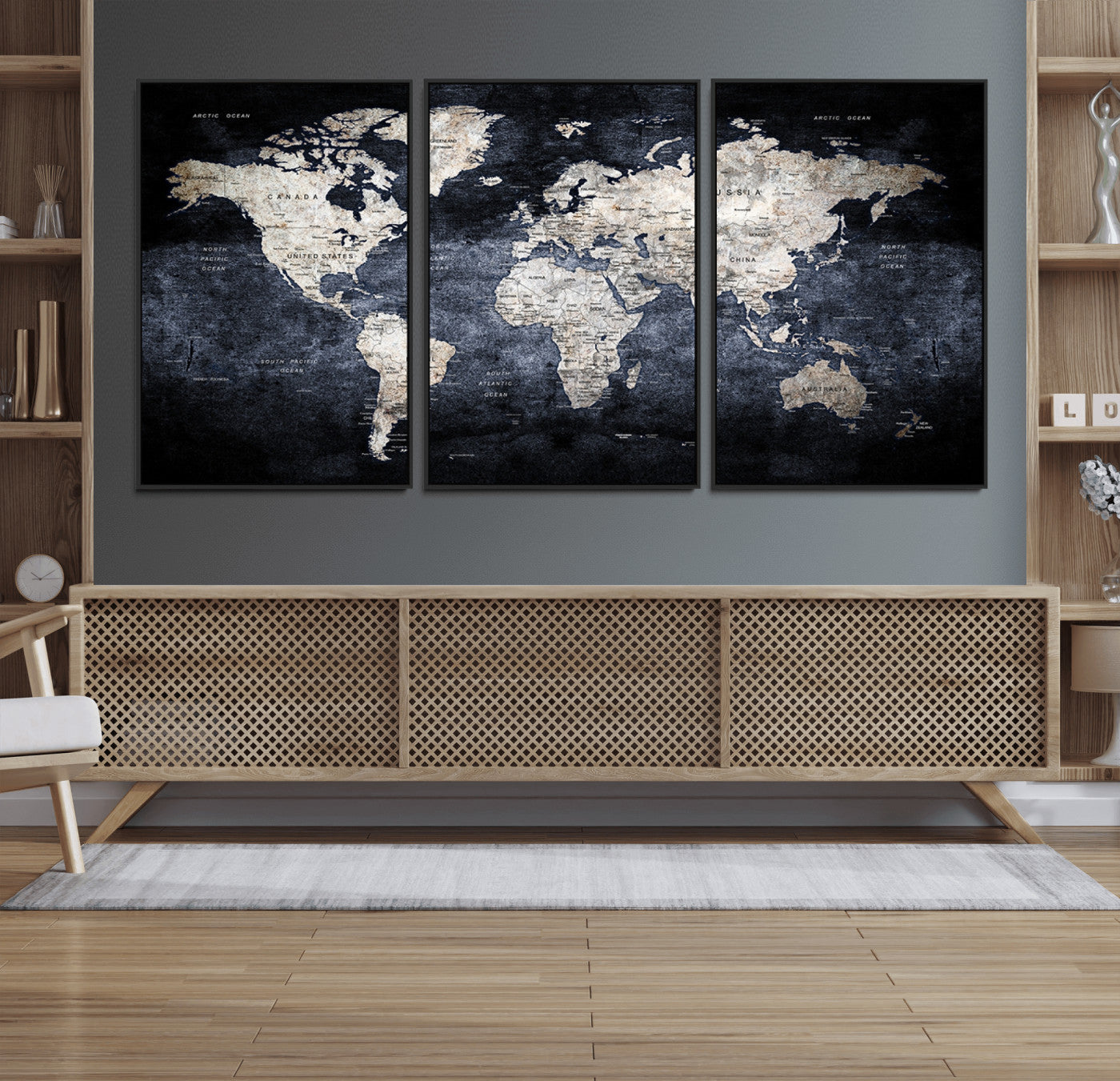 82598-MGV-FC-60X30-3P_Black-Modern Dark World Map Canvas Print – Framed Push Pin Wall Art, Elegant Travel Map Decoration for Home Office or Living Room Decor