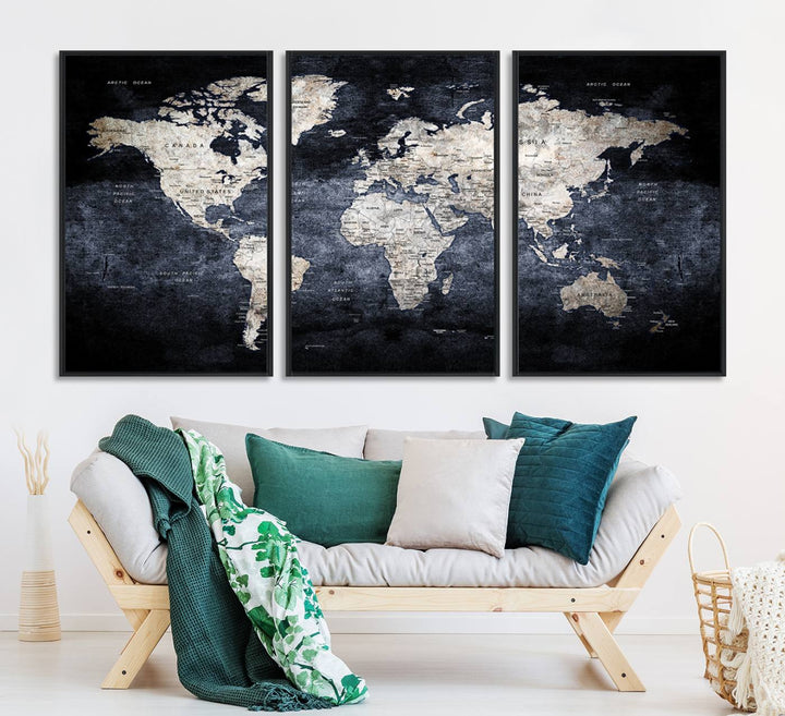 Rustic Black and Bronze World Map Canvas Triptych features white continents on a grunge-stained background.