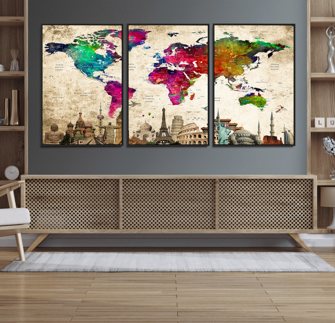 MGV-FC-60X30-3P - Push Pin World Map Canvas Print – Framed Wall Art for Couples to Track Their Travels – Anniversary