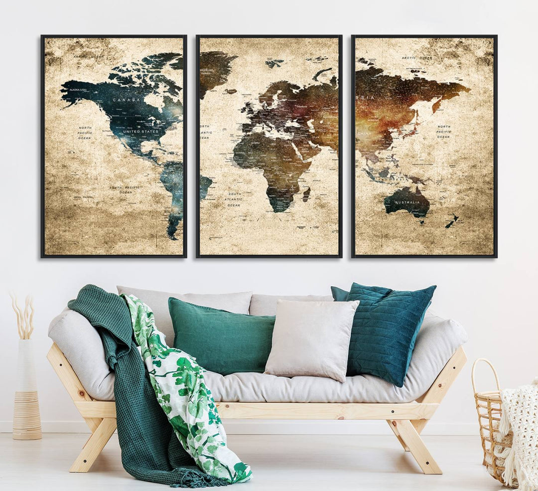 Grunge World Map Canvas featuring earth-toned continents, suitable for study, office, or living room.