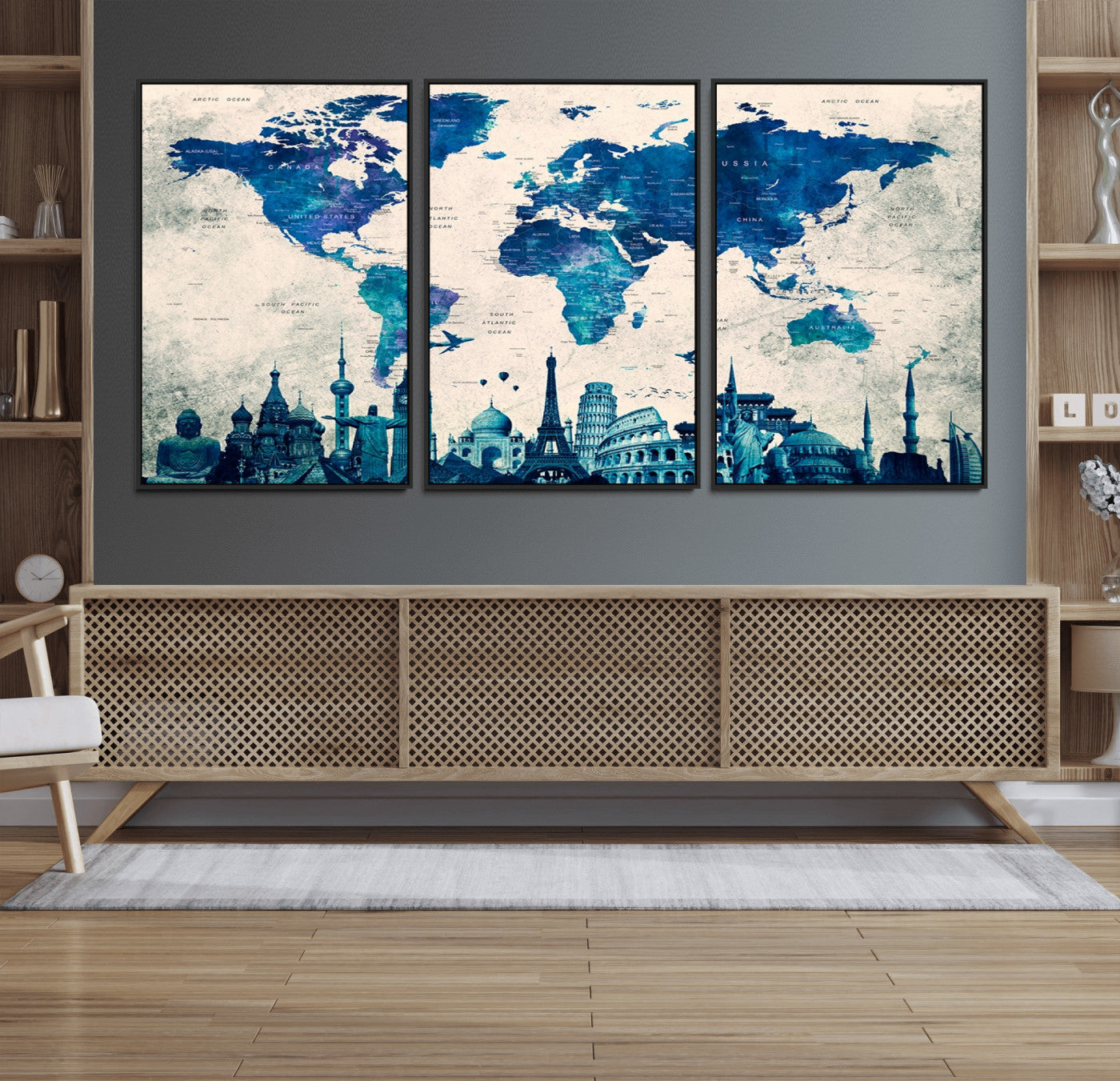 13588-MGV-FC-60X30-3P_Black-Navy Blue World Map Canvas Print – Framed Push Pin Travel Map Wall Art, Elegant Adventure Decor for Home or Office