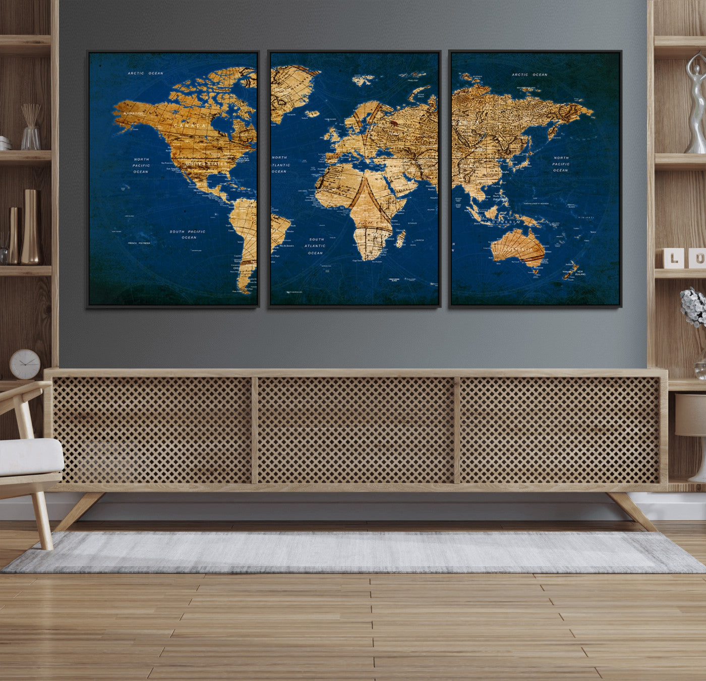 50845-MGV-FC-60X30-3P_Black-Navy Blue and Gold World Map Canvas Print – Framed Luxury Push Pin Wall Art, Elegant Vintage Travel Map Decor for Home or Office