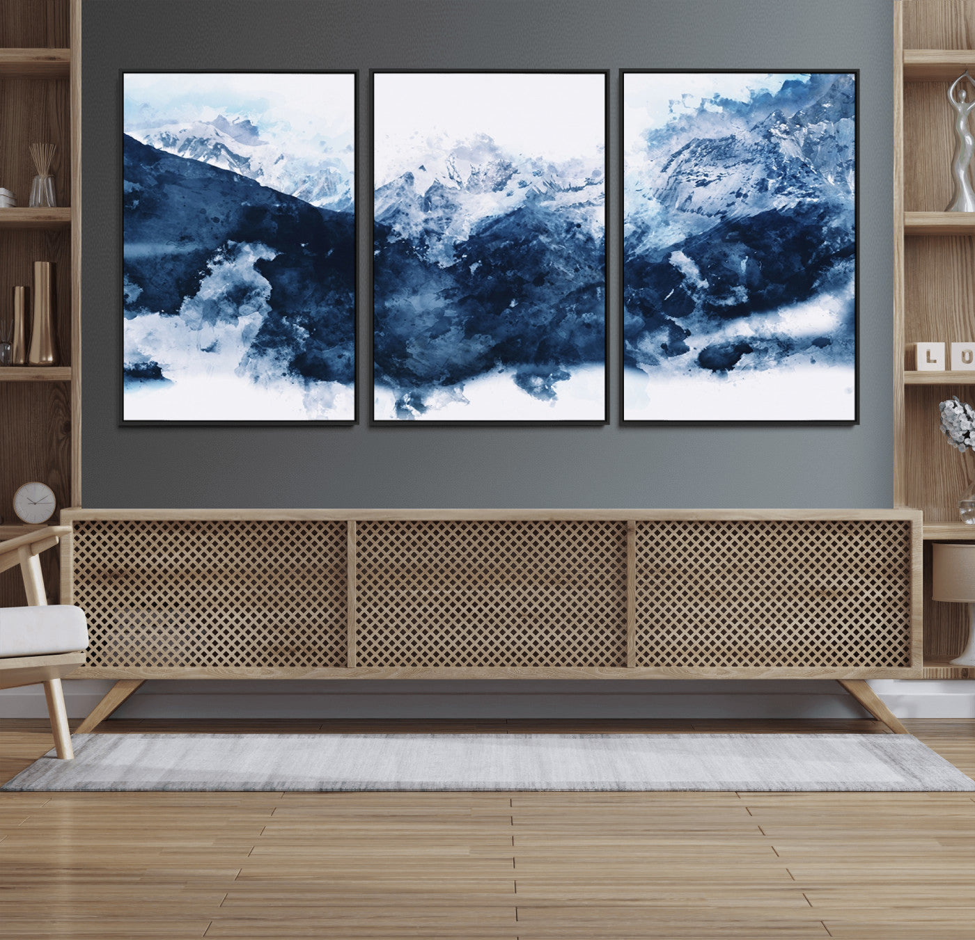 81700-MGV-FC-60X30-3P_Black-Abstract Blue Mountain Canvas Wall Art – Modern Triptych Landscape Print – Contemporary Nature Decor for Living Room or Office – Ready to