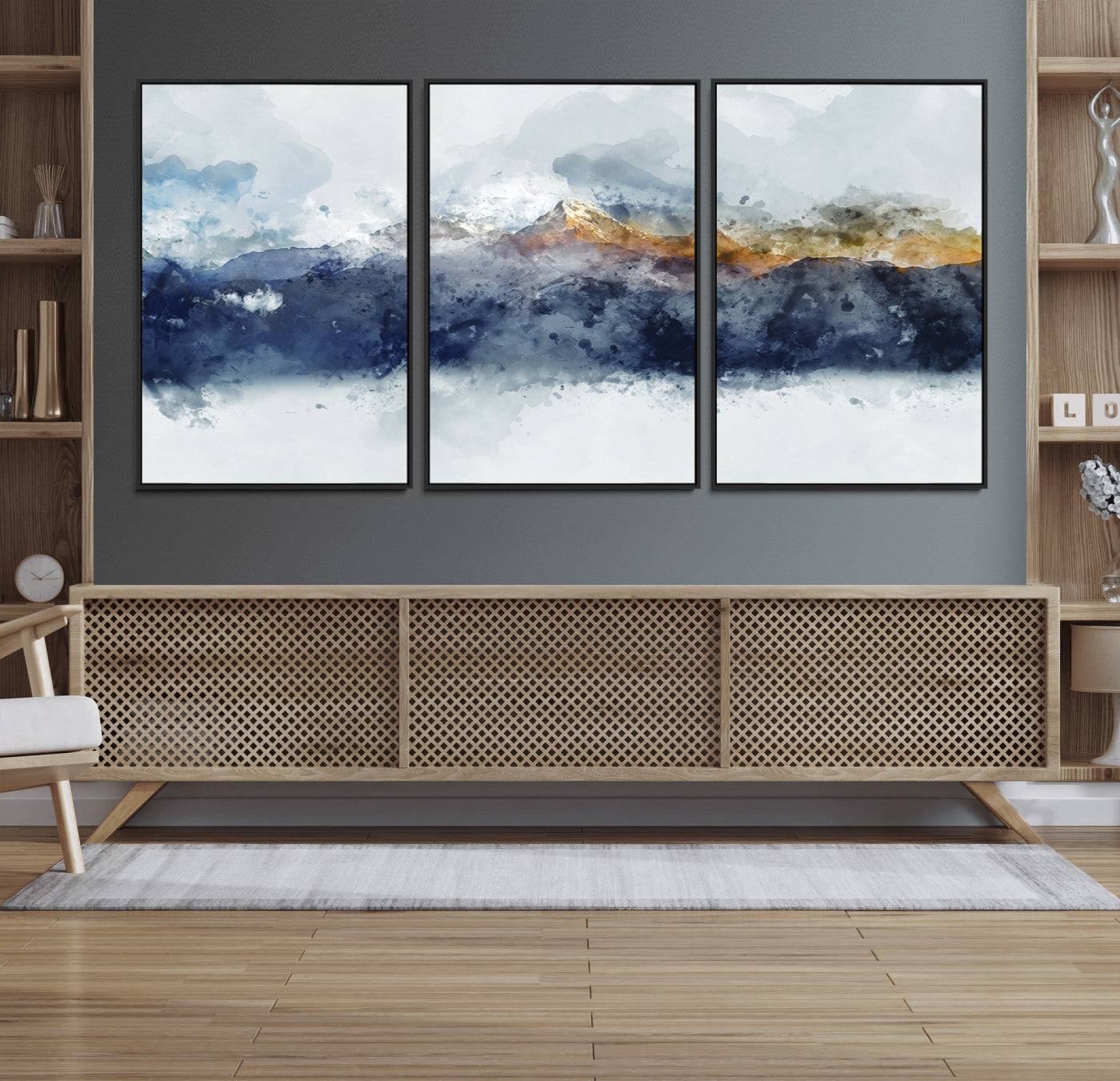 89149-MGV-FC-60X30-3P_Black-Abstract Mountain Range Art Canvas Print | 3 Panel Watercolor Landscape for Living Room, Office, or