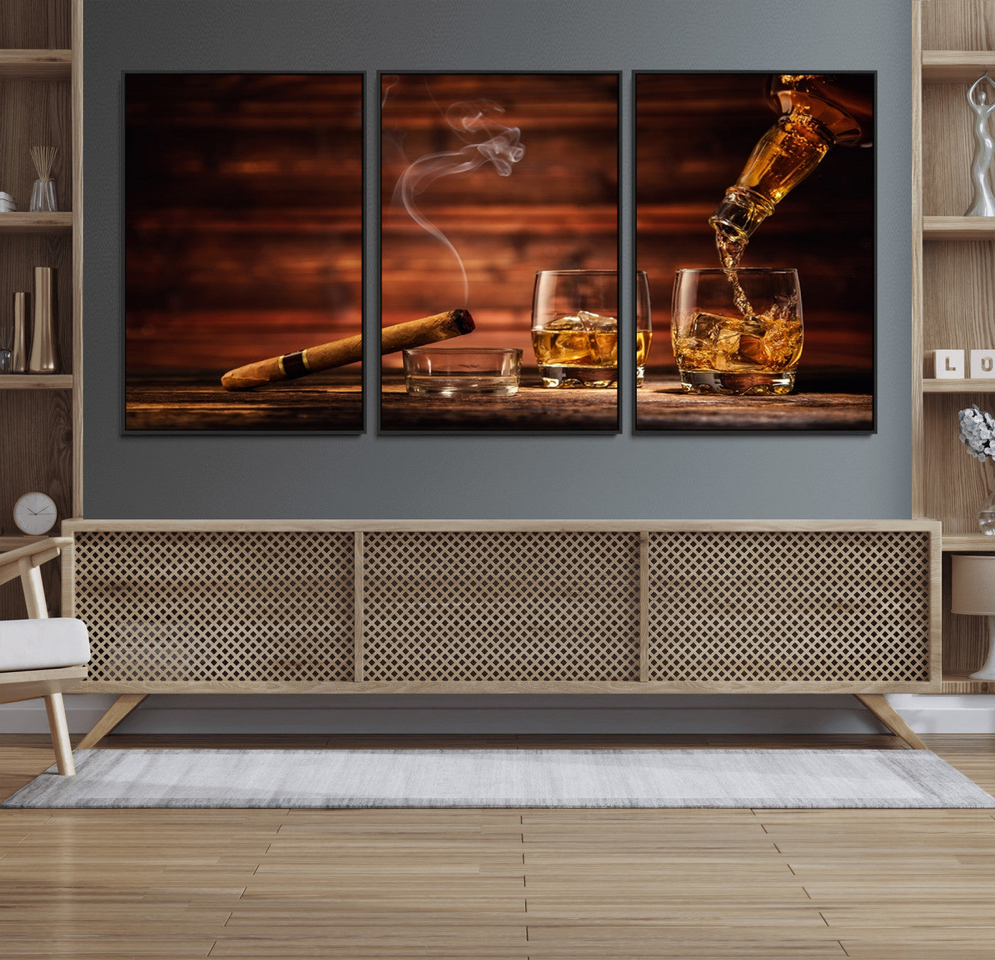 MGV-FC-60X30-3P - Whiskey and Cigar Wall Art Canvas | 3 Panel Bar Room Decor for Home Lounge, Office, or Man Cave |
