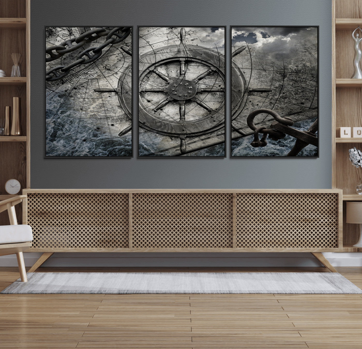 36770-MGV-FC-60X30-3P_Black-Ship Steering Wheel Vintage Wall Art Canvas Print