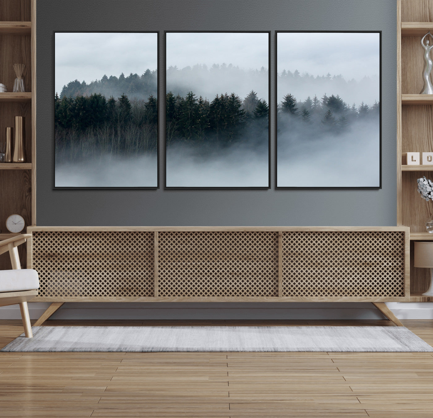 42596-MGV-FC-60X30-3P_Black-Autumn and Misty Trees in the Forest Wall Art Canvas Print, Foggy Forest Mountain Wall Art Canvas
