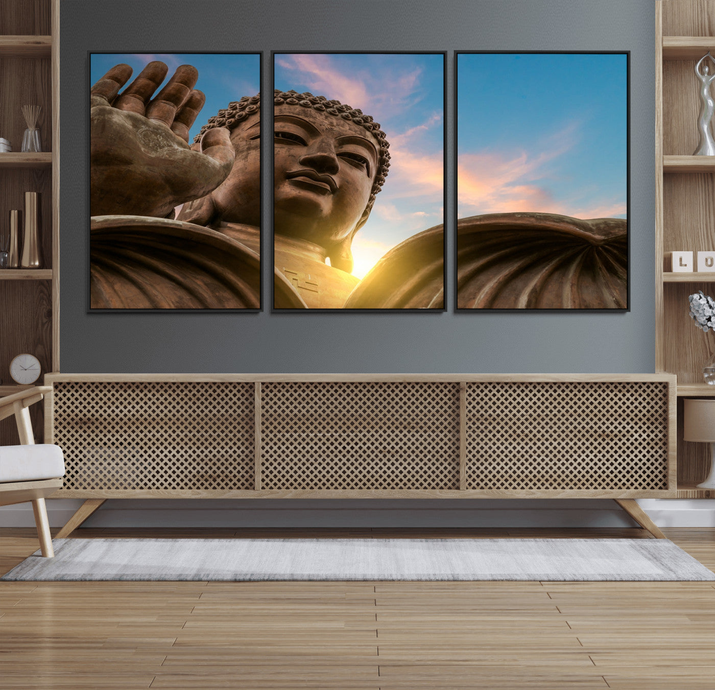 94703-MGV-FC-60X30-3P_Black-Buddha Statue and Daylight Wall Art, Buddha Statue Wall Art Canvas Print