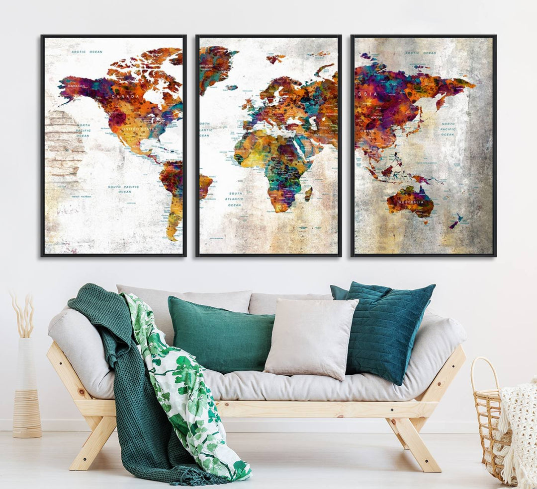 A vibrant Grunge Map Canvas Wall Art Set (3 Panels) for home or office decor, perfect for travel enthusiasts.