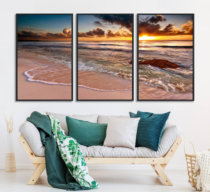 The Sunset on Ocean Wall Art Canvas Print beautifully captures a beach sunset, gentle waves, and a peaceful atmosphere.