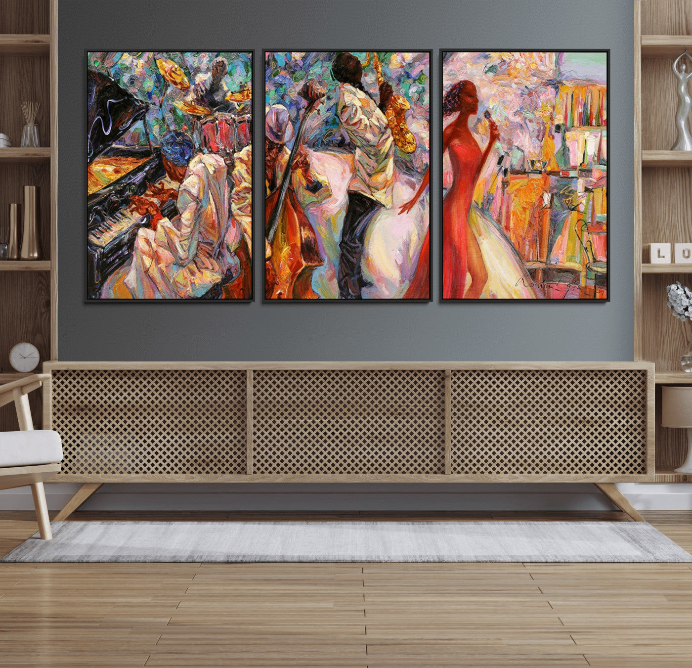 40574-MGV-FC-60X30-3P_Black-Abstract Afro American Jazz Canvas Wall Art | Music-Inspired Painting for Dining Room, Living Room,