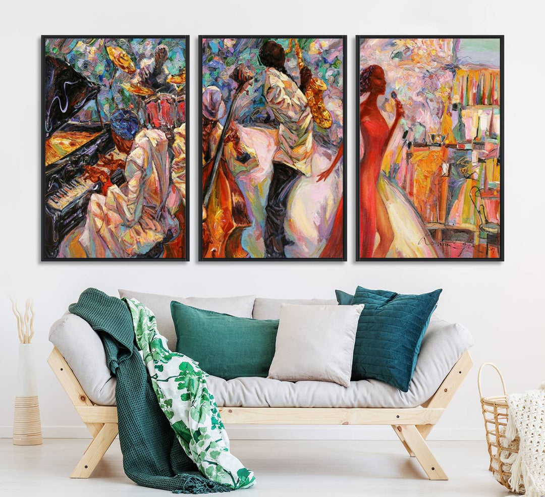 The Abstract Afro American Jazz Canvas captures a vibrant jazz band and showcases a woman dancing in red, making it perfect for dining or music spaces.