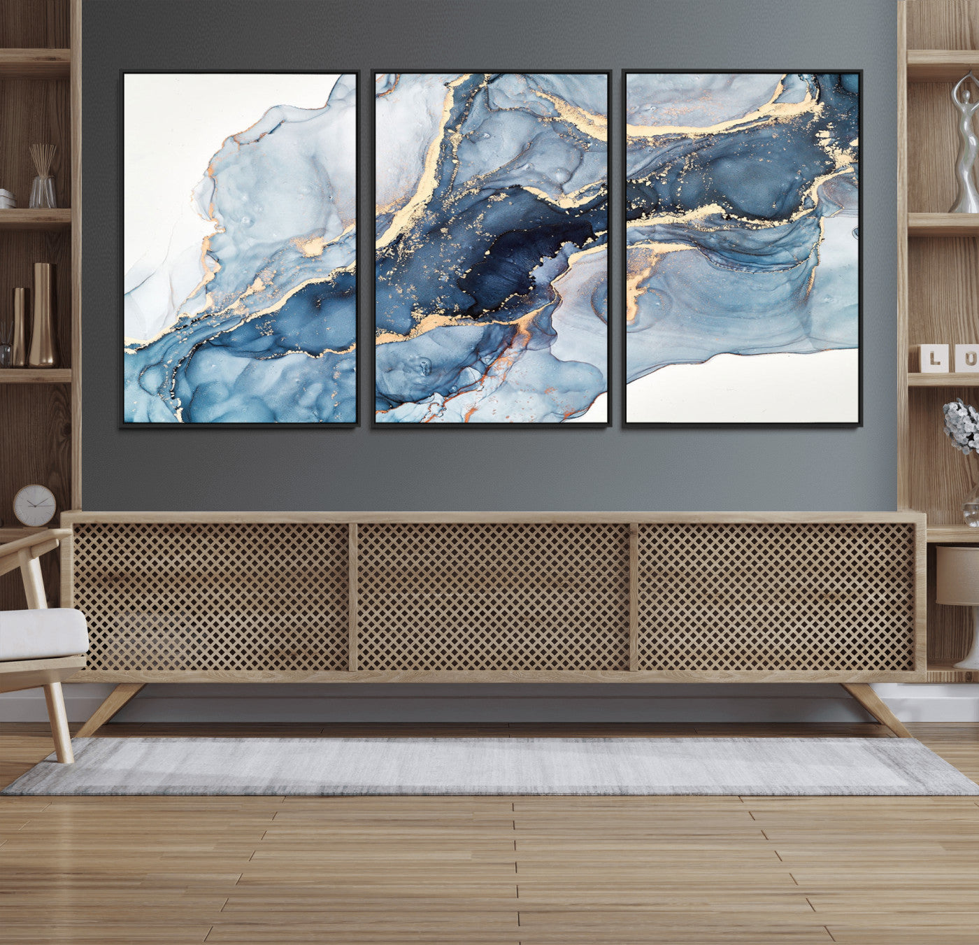 33782-MGV-FC-60X30-3P_Black-Abstract Art Print - Blue Abstract Canvas Wall Art Print Abstract Art Fluid Effect Marble Wall Art