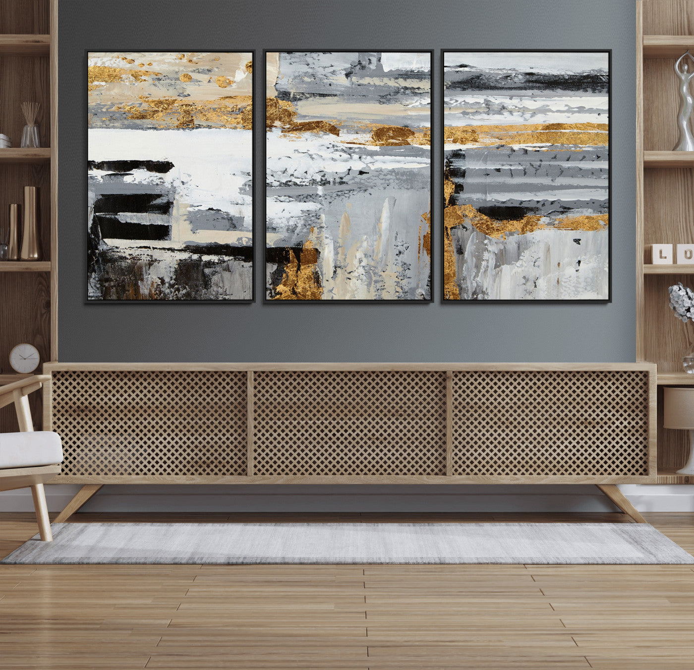 43177-MGV-FC-60X30-3P_Black-Abstract Painting Canvas Wall Art Print Paint Drip Art Brush Strokes Gray Artwork