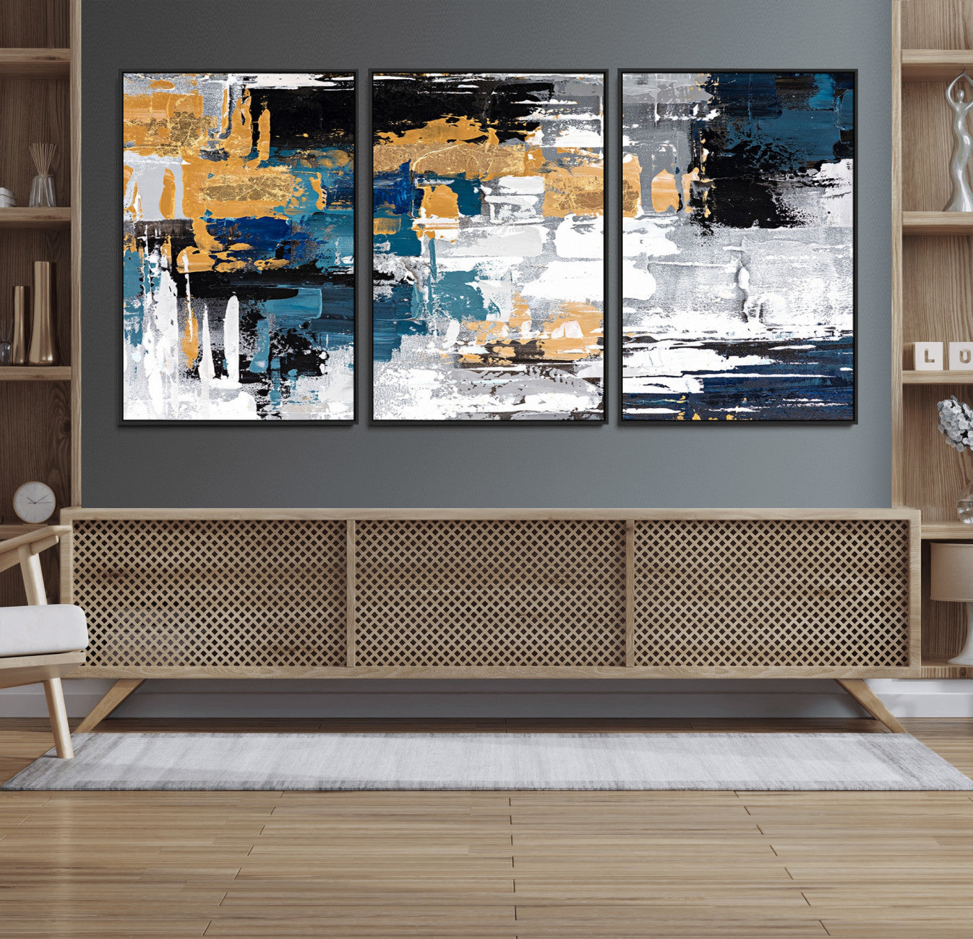 57708-MGV-FC-60X30-3P_Black-Blue and Gold Abstract Canvas Wall Art – Triptych Modern Painting for Living Room – Framed and Ready