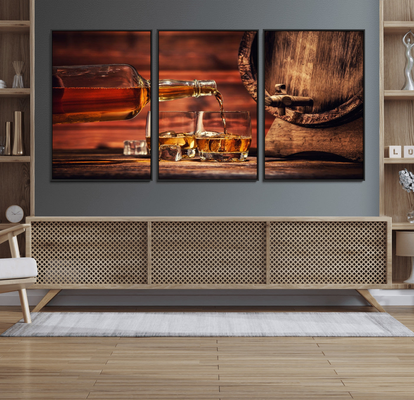 21266-MGV-FC-60X30-3P_Black-Whiskey and Cigar Canvas Wall Art | 3 Panel Bar Room Decor for Home Lounge, Office, or Man Cave |